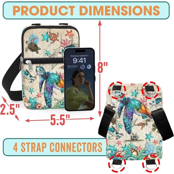 Sea Turtle Map Water-Resistant Canvas Crossbody Phone Bag with Adjustable Strap - Picture 2 of 8